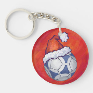 Blue and White Festive Soccer Ball on Red Key Ring