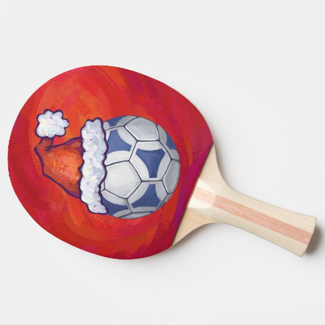 Blue and White Festive Soccer Ball on Red Ping Pong Paddle (Side)