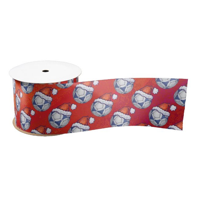 Blue and White Festive Soccer Ball Pattern on Red Satin Ribbon (Spool)