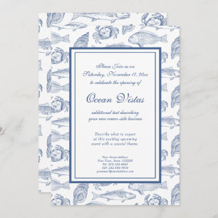 Blue and White Fish and Crab Elegant Coastal Event Invitation