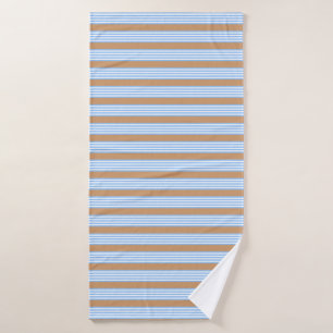Blue and white five stripes pattern with tan bath towel