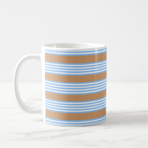 Blue and white five stripes pattern with tan coffe coffee mug