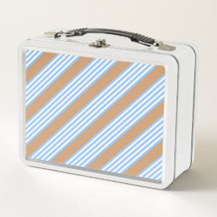 Blue and white five stripes pattern with tan metal lunch box