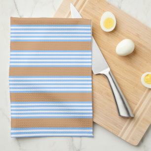 Blue and white five stripes pattern with tan tea towel