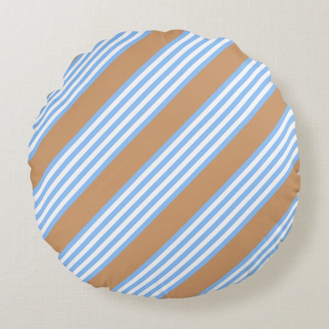 Blue and white five stripes pattern with tan throw round cushion (Front)