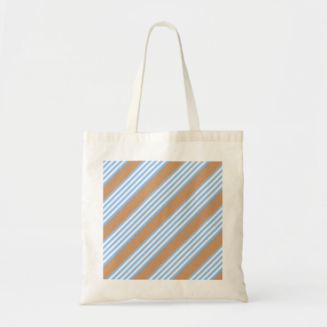 Blue and white five stripes pattern with tan tote bag (Front)