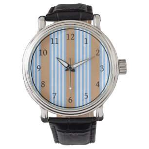 Blue and white five stripes pattern with tan watch
