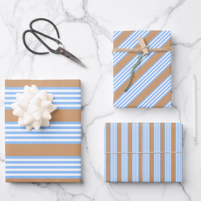 Blue and white five stripes pattern with tan wrapping paper sheet (Front)