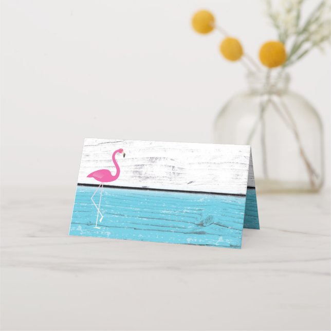 Blue and White Flamingo Folded Place Cards (Front)