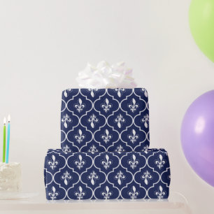Blue and White Fleur-de-Lis Quatrefoil Pattern Wrapping Paper