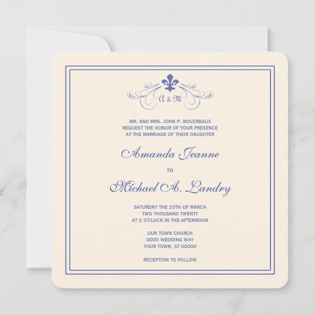 Blue and White Fleur de Lis Scroll Formal Wedding Invitation (Front)