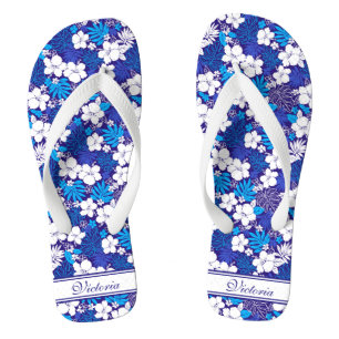 Blue and White Flora Pattern Add Name Personalised Jandals