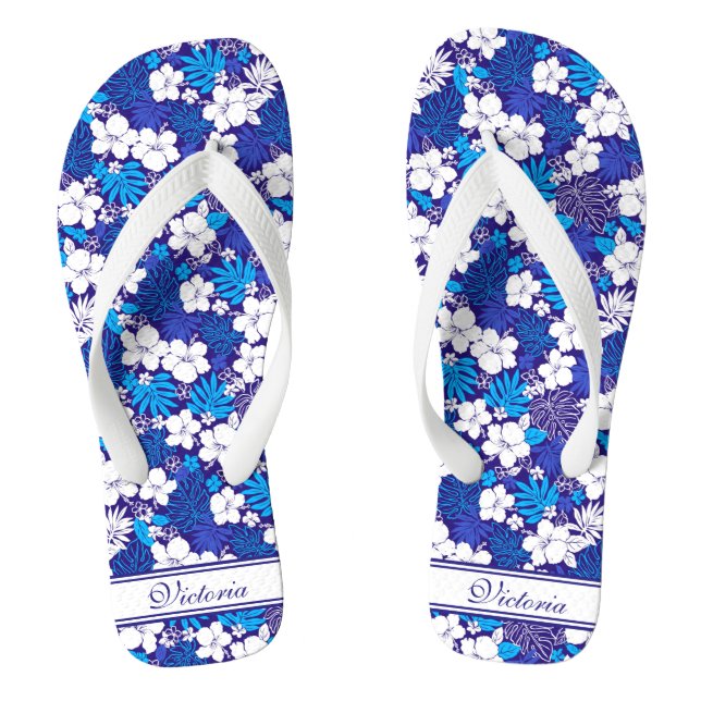 Blue and White Flora Pattern Add Name Personalised Jandals (Footbed)