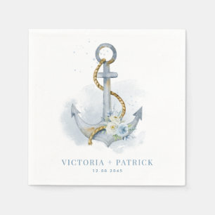 Blue and White Floral Anchor Nautical Wedding Napkin