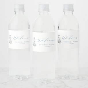 Blue and White Floral Anchor Nautical Wedding Water Bottle Label