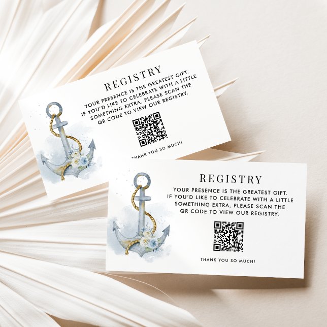 Blue and White Floral Anchor QR Code Registry Enclosure Card (A versatile nautical registry QR code card for weddings, showers, birthdays, and other celebrations.)