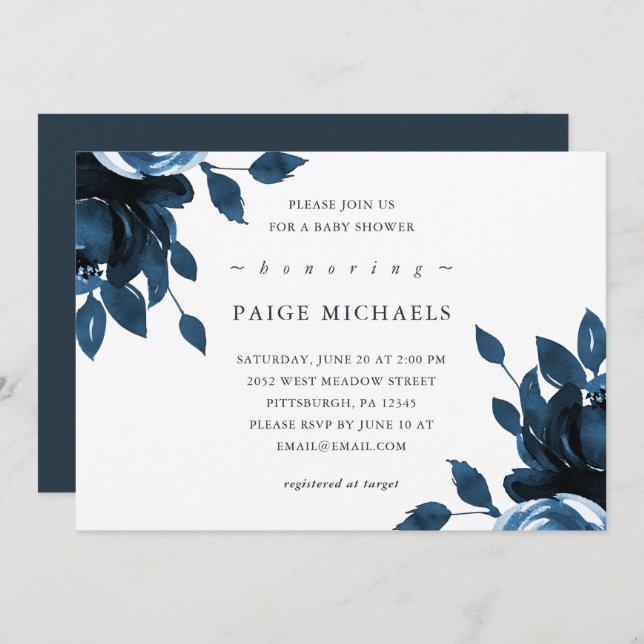 Blue and White Floral Baby Shower Invitation (Front/Back)