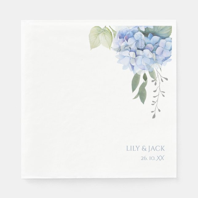 Blue and White Floral Blue Hydrangea Wedding  Napkin (Front)