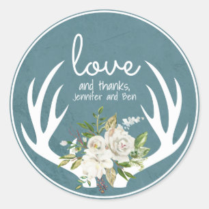 Blue and White Floral Boho Antlers Thank You Classic Round Sticker