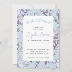 Blue and White Floral Bordered Bridal Shower Invitation
