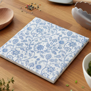 Blue and White Floral Botanical Pattern Modern Tile