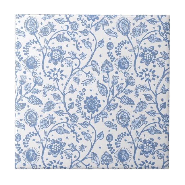 Blue and White Floral Botanical Pattern Modern Tile (Front)