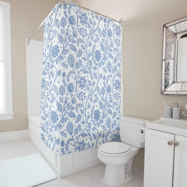 Blue and White Floral Botanical Pattern Whimsical Shower Curtain (In Situ)