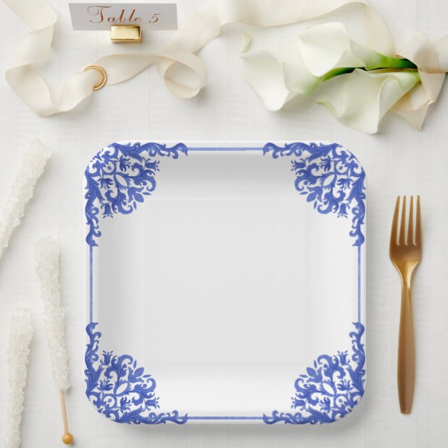 Blue and White Floral Bridal Shower  Envelope Paper Plate (Wedding)