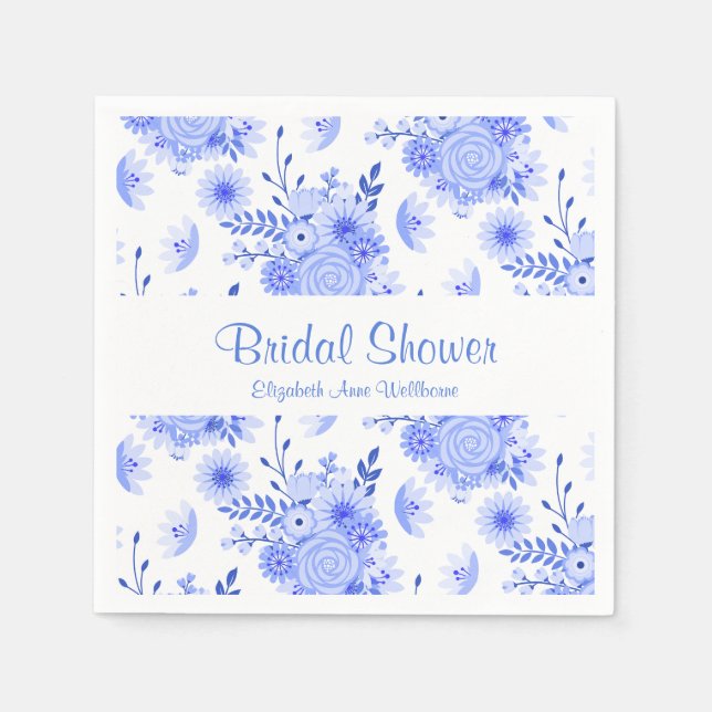 Blue and White Floral Bridal Shower Paper Napkins (Front)