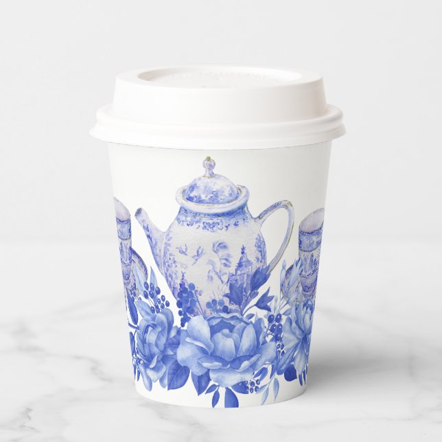 Blue and White Floral Bridal Shower | Tea Party  Paper Cups (Left)