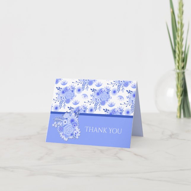 Blue and White Floral Bridal Shower Thank You Card (Front)