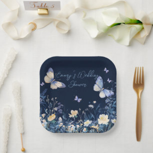 Blue and White Floral Butterflies Wedding Shower Paper Plate