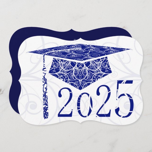 Blue and White Floral Cap 2025 Graduation Party Invitation (Front/Back)