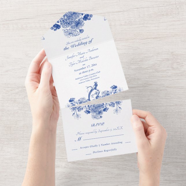 Blue and White Floral China Pattern with Bird All In One Invitation (Tearaway)