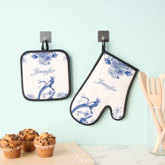 Blue and White Floral China Pattern with Bird Oven Mitt & Pot Holder Set (Insitu(Hanging))