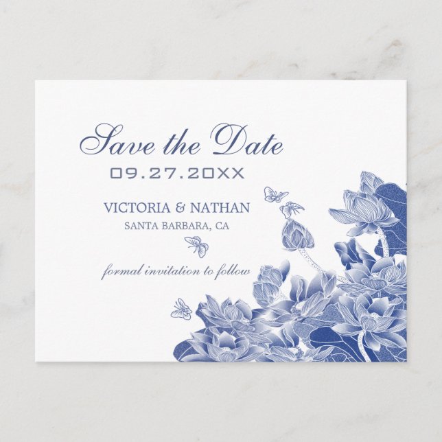 Blue and White Floral Chinoiserie Save the Date  Postcard (Front)