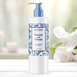 Blue and white floral cosmetics bottle label