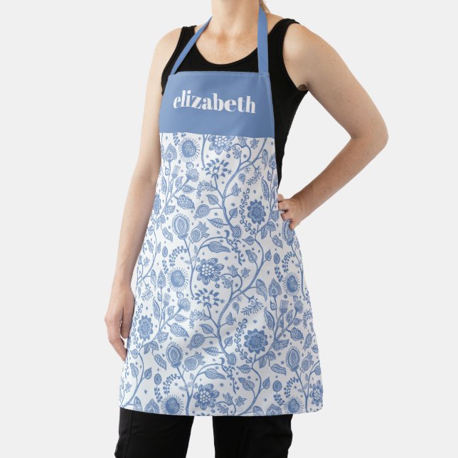 Blue and White Floral Custom Name Botanical Bold Apron (Insitu)