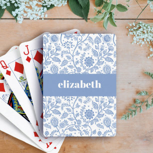 Blue and White Floral Custom Name Botanical Modern Playing Cards