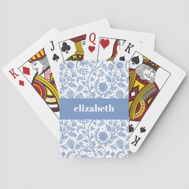 Blue and White Floral Custom Name Botanical Modern Playing Cards (Back)