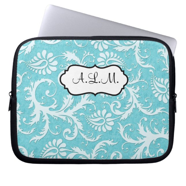 Blue and White Floral Damask Laptop Sleeve (Front)