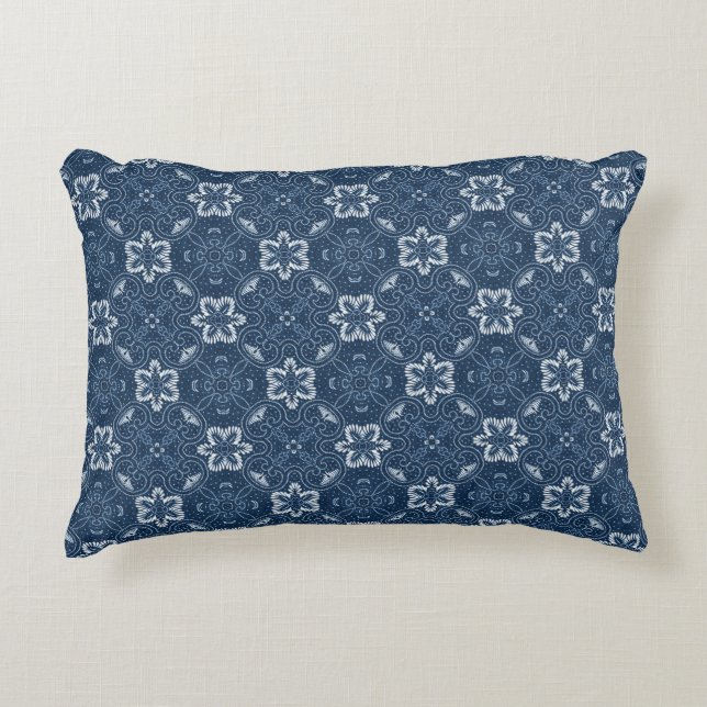 Blue and White Floral Design Accent Pillow (Front)