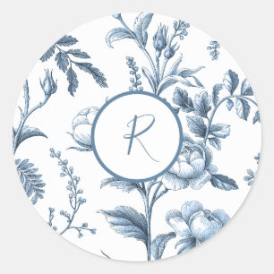 Blue and white floral design classic round sticker