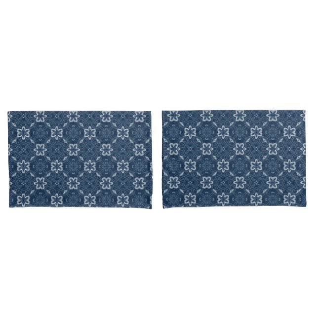 Blue and White Floral Design Pair of Pillowcases (Front-Set)