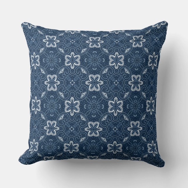 Blue and White Floral Design Throw Pillow (Front)