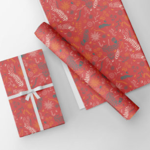 Blue and white Floral doodles on red Wrapping Paper Sheet