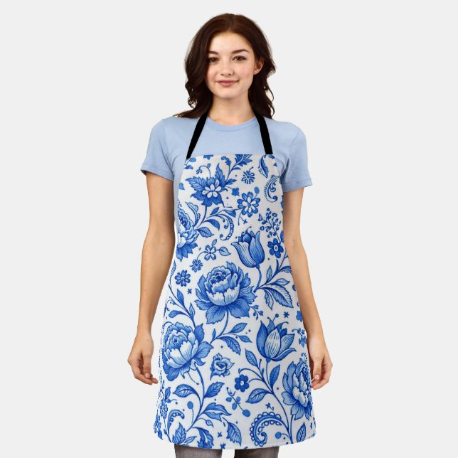 Blue and White Floral Elegance Apron (Worn)