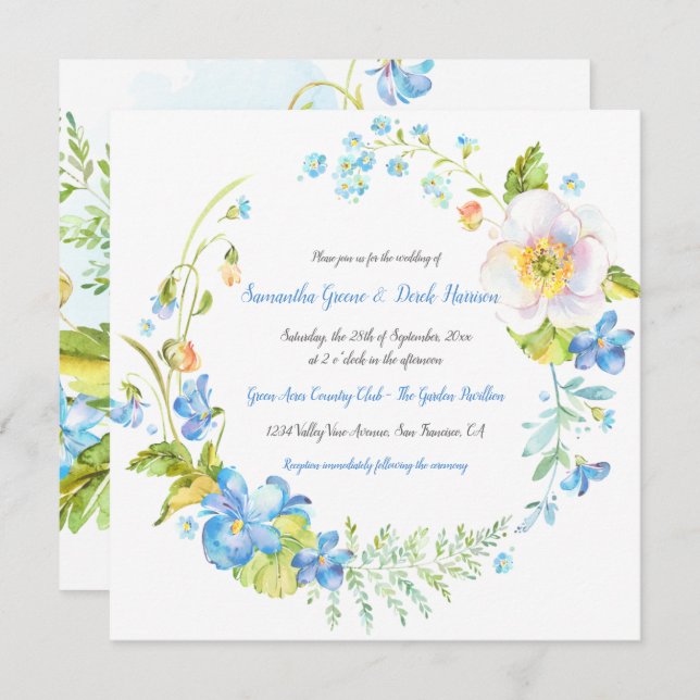 Blue and White Floral Fantasy Wreath Wedding Invitation (Front/Back)