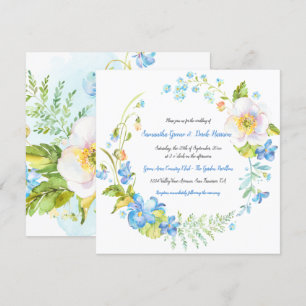 Blue and White Floral Fantasy Wreath Wedding Invitation