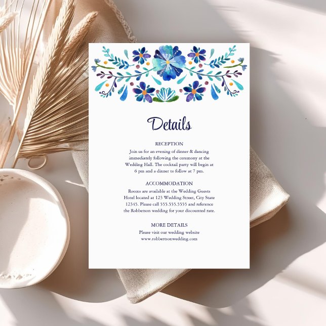 Blue and White Floral Fiesta Wedding Details  Invitation (Blue and White Floral Fiesta Wedding Details Invitation on a neutral boho table.)